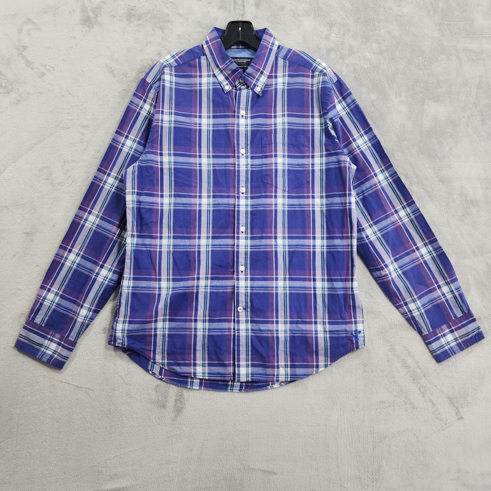 American Eagle Shirt Mens M Purple Plaid Athletic Fit Button Down Long Sleeve